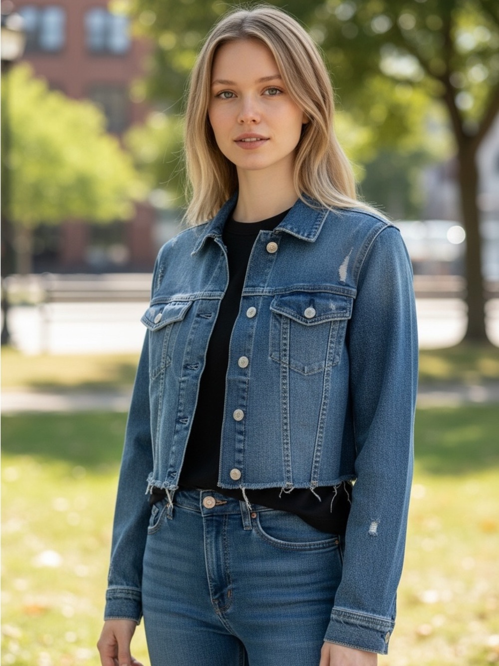 Hollister Distressed Cropped Denim Jacket Blue Raw Hem L Stretch Trucker Jean